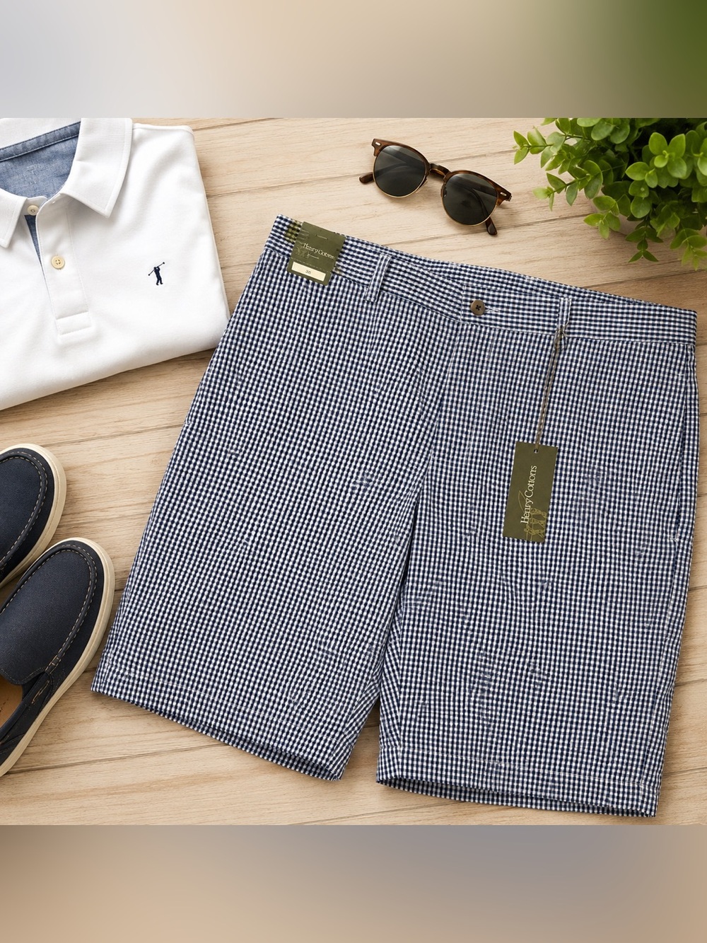 Henry Cotton's Navy and White Gingham Flat Front Shorts